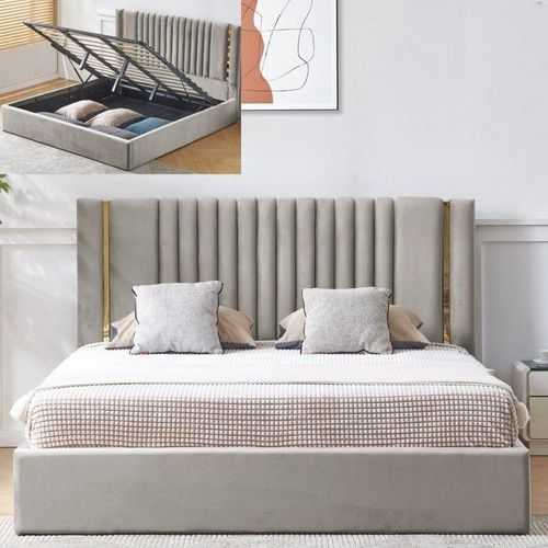 Lit Coffre Métal Or Et Velours Kaufman - Velours Gris - 180x200