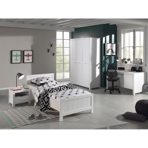 Vipack Erik Lit Simple + Sommier + Chevet + Armoire 3 Portes + Bureau