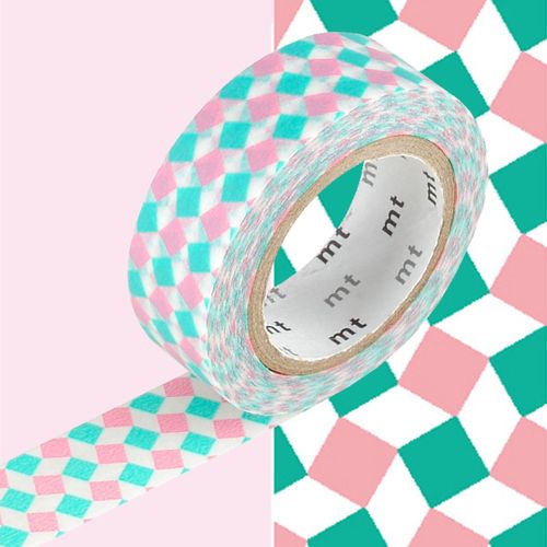 Masking Tape Mt 1,5 Cm Carrés Fous Rose Et Vert