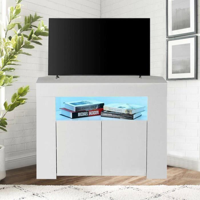 Meuble tv led,meuble tv avec 2 armoires avec portes et 5 étagères ouvertes,  éclairage led 16 couleurs, meuble tv pour téléviseurs jusqu'à 55 pouces,  blanc 120*35*50cm - Conforama