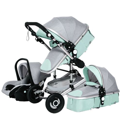 Poussette 3 En 1 Bébé Combinée Siège-Auto Nacelle Réversible Réglable Haute Qualité Roues Increvables Canne.Gris/Vert