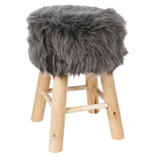 Tabouret Pouf Effet Fourrure Pieds En Pin - Gris