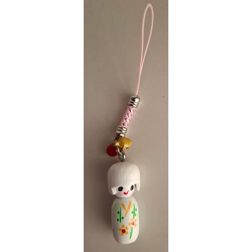 Bijou De Sac, Téléphone...- Poupée Kokeshi - Bois Décoré - Avec 2 Petits Grelots