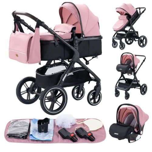 Poussette 3 En 1 Bébé Combinée Siège-Auto Nacelle Trio Réversible Réglable Haute Qualité Roues Increvables Canne.Rose.