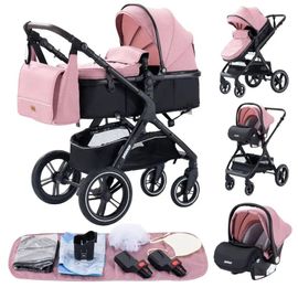 Poussette 3 En 1 Bébé Combinée Siège-Auto Nacelle Trio Réversible Réglable Haute Qualité Roues Increvables Canne.Rose.