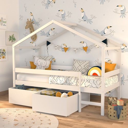 Lit Cabane Mika 90x190 + Sommier + 2 Tiroirs / Blanc/ 199x95x165