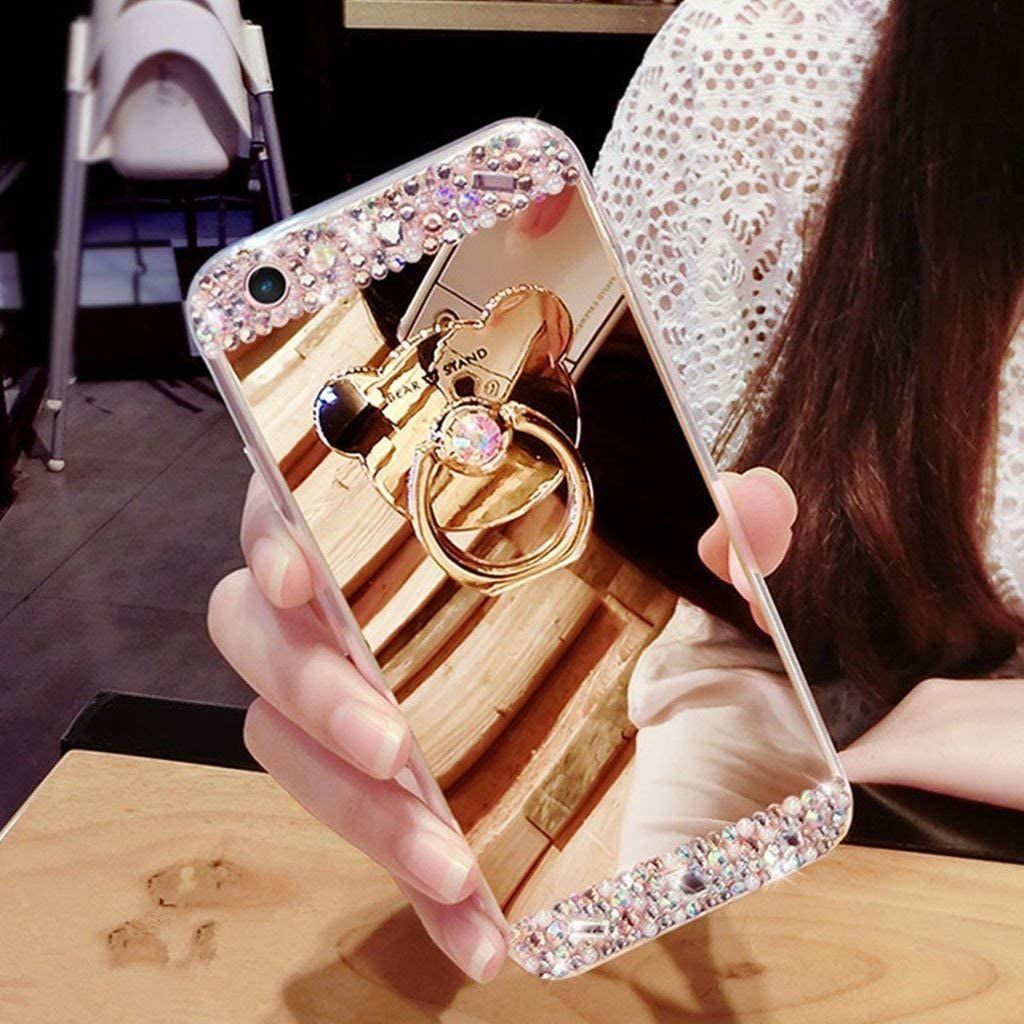 Obesky Miroir Coque pou Huawei Y6 2019 Honor 8A Oro Bling Glitter Diamant Strass Souple Silicone TPU Housse Etui de Protection avec Support Bague 360 Degrés Rotation pour Huawei Y6 2019 
