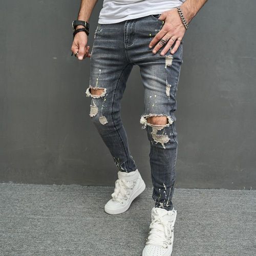 Jean Crayon Déchiré Pour Homme,Slim,Hip Hop,Encre Mouchetée,Trous Imprimés,Distmurcia,Denim,Fjfor