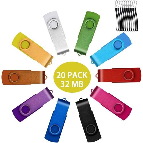 32 Mo Clé USB Petite Capacité 20 Pièces Pivotant USB 2.0 Flash Drive Portatif Mémoire Stick Haute Vitesse U-Disk Multicolore Thumb Drives avec Porte-Clés