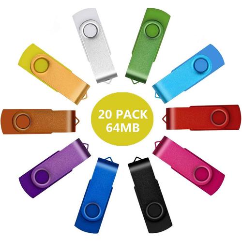 64 Mo Clé USB, 20 Pièces Pivotant USB 2.0 Flash Drive Petite Capacité Portatif Mémoire Stick Haute Vitesse U-Disk Multicolore Thumb Drives avec Porte-Clés