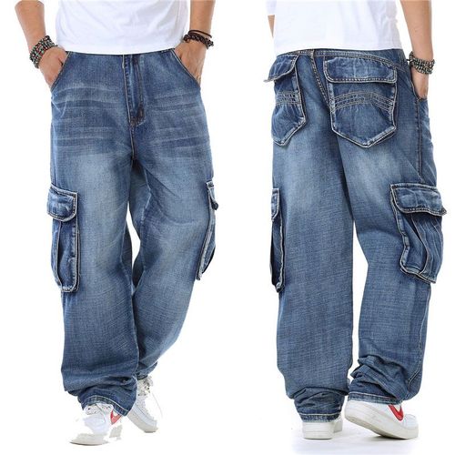 Jean Baggy Bleu En Denim Pour Homme,Pantalon Cargo Droit,De Motard,Avec Poches Latérales