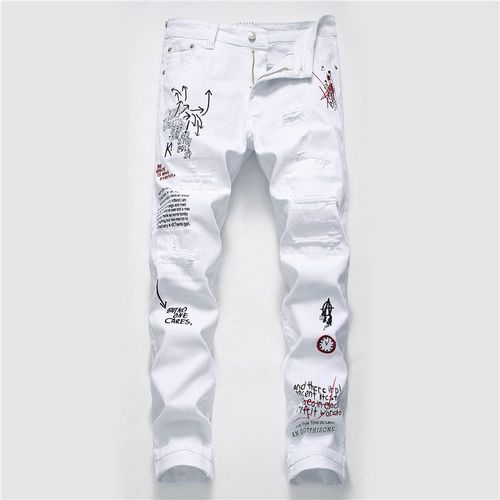 Jean Slim Blanc Imprimé Pour Homme,Streetwear,Déchiré,Punk,Décontracté,Moto,Pantalon En Jean Stretch