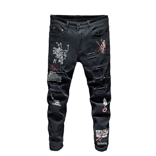 Jean Slim Blanc Imprimé Pour Homme,Streetwear,Déchiré,Punk,Décontracté,Moto,Pantalon En Jean Stretch