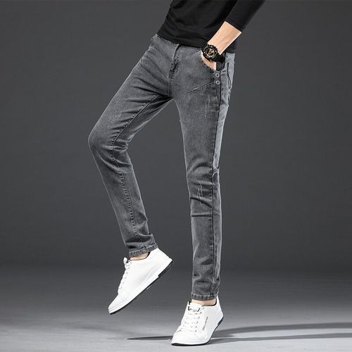 Jeans Coupe Slim Gris Vintage Pour Hommes,Pantalons En Denim Droits Décontractés,Style Simple,Coton,Haute Qualité,Streetwear,Fjmale