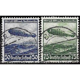 Allemagne, 3ème Reich 1936, Beaux Timbres De Poste Aérienne Yvert 55 Et 56, 1er Vol Du Dirigeable Zeppelin Lz-129 À Destination Des Etats Unis, Filigranes Croix Gammée, Oblitérés, Tbe