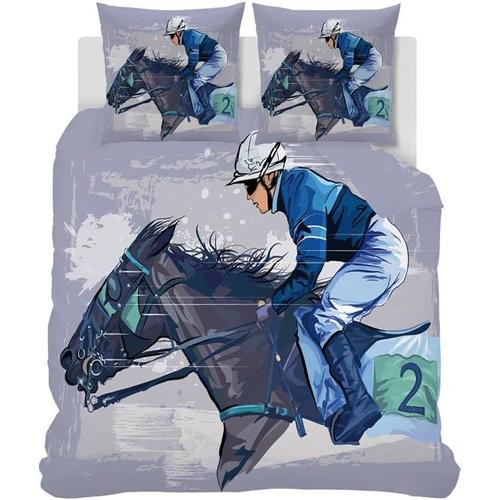 Parure De Lit 140x190 Enfant Bleu Cheval De Course Réversible Microfibre Housse De Couette Animaux Motif 1 Personne Literie Avec Fermeture Eclair Avec 2 Taies D'oreiller 65x65cm Pour Garçon