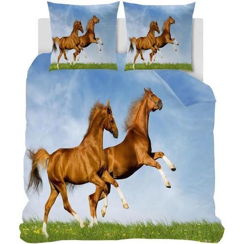 Parure De Lit 140x190 Enfant Cheval Au Galop Réversible Microfibre Housse De Couette Animaux Motif 1 Personne Literie Avec Fermeture Eclair Avec 2 Taies D'oreiller 65x65cm Pour Garçon Ado