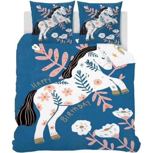 Parure De Lit 140x190 Enfant Cheval Réversible Microfibre Housse De Couette Animaux Mignon Fleurs Motif 1 Personne Literie Avec Fermeture Eclair Avec 2 Taies D'oreiller 65x65cm