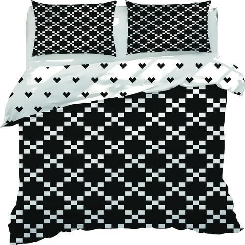 Parure De Lit 140x190 Enfant Moderne Microfibre Housse De Couette Géométrie Carreaux Noir Et Blanc 3d Housse Couette 2 Personnes Avec Fermeture Eclair Avec 2 Taies D'oreiller 65x65cm