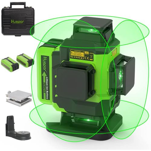Huepar 16 Lignes Faisceau Vert Croisé Outil de Laser 4D Carrelage Osram Horizontal&Vertical Base de Levage Batterie Li-ion Rechargeable-LS04CG