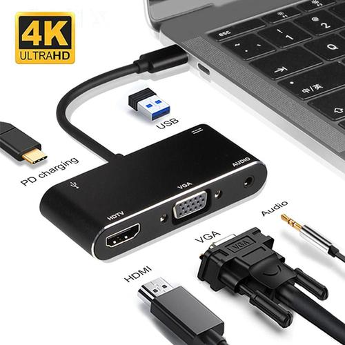 Adaptateur VGA Multiport UHD 4K USB-C, 5 en 1, compatible HDMI, Charge usb, convertisseur de câble Aux Jack 3.5mm, pour Macbook Huawei