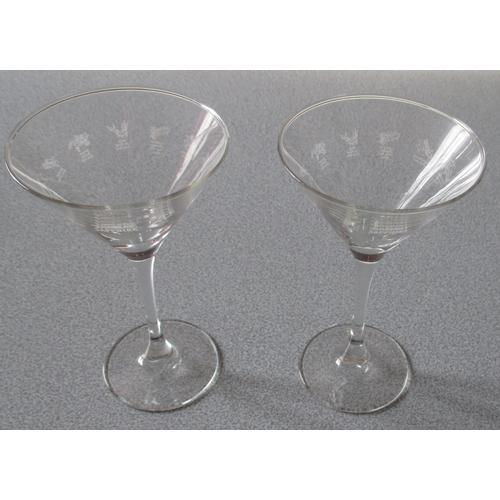 Deux Verres À Cocktails Bombay Sapphire - Verre Transparent Avec Frise De Petits Dessins Et Nom Gravés En Blanc - Hauteur 16.5cm - Luminarc France