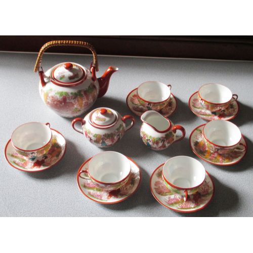Service À Thé Vintage - Porcelaine Hiroma Japon Peinte À La Main - Décor Geisha - Belles Couleurs Vives - 1 Théière + 1 Pot À Lait + 1 Sucrier + 6 Tasses + 6 Assiettes Sous-Tasses