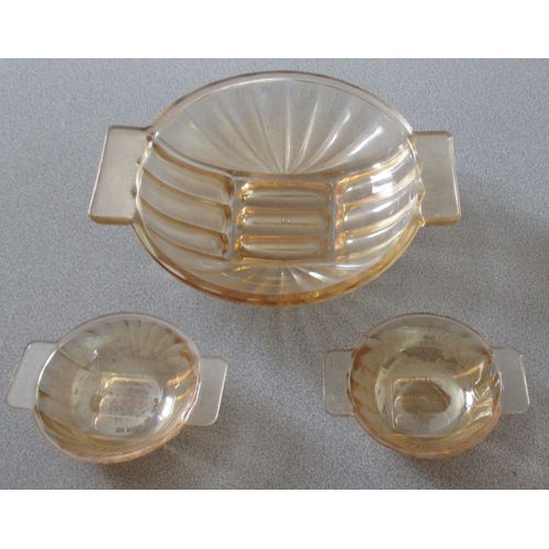 Coupe/Saladier En Verre Épais Transparent Teinté Orange Et Travaillé De Moulures (Diamètre 23cm) Avec 2 Anses De Portage + 2 Coupelles Assorties (Diamètre 11cm)-Articles Vintage Fabriqués En France