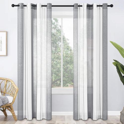 2 Pièces De Rideaux Voilage Blanc Et Gris 140x280 Cm Fils Teints Rayé À Oeillets Rideau Tamisant Grande Hauteur Élégant Pour Porte-Fenêtre Décoration De Salon Chambre Baie Vitrée