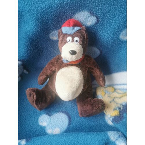 Peluche Doudou Ours Bonnet Echarpe Rouge Bleu Tricot Billes Caisse D'épargne