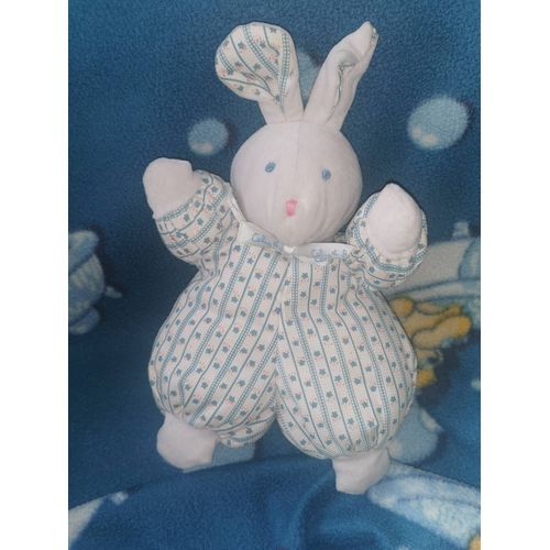 Doudou Lapin Blanc Corps Tissus Fleurs Bleues Rose Grelot Ruban Calins Et Bisous Silvertoys 