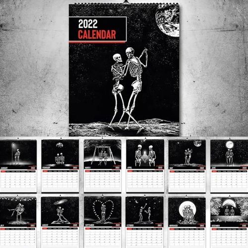 Calendrier Mural De Crâne Suspendu, Calendrier Artistique Gothique Unique Avec 12 Illustrations De Crâne Sombres Et Romantiques, 2022