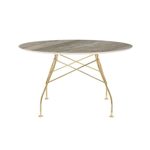 Kartell Table Ronde Glossy Ø 128 Cm (Tropical Grey - Grès Finition Marbre Et Acier Doré)