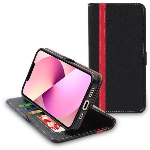 Ebeststar - Coque Pour Iphone 13 Etui Portefeuille Pu Cuir Porte-Cartes, Noir / Rouge [Dimensions Precises Smartphone : 146.7 X 71.5 X 7.65 Mm, Écran 6.1'']