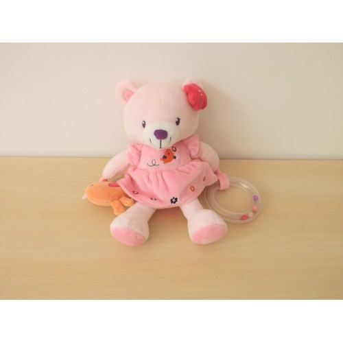 Doudou Ours Rose Oiseau Anneau Pommette