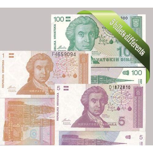 Croatie : Bel Ensemble De 5 Billets De Banque De Collection.