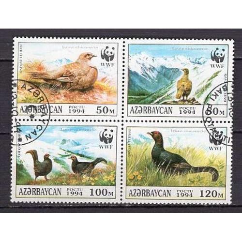 Azerbaidjan 1994 Wwf Oiseaux Le Grand Tetras Bloc De 4 Obliteree