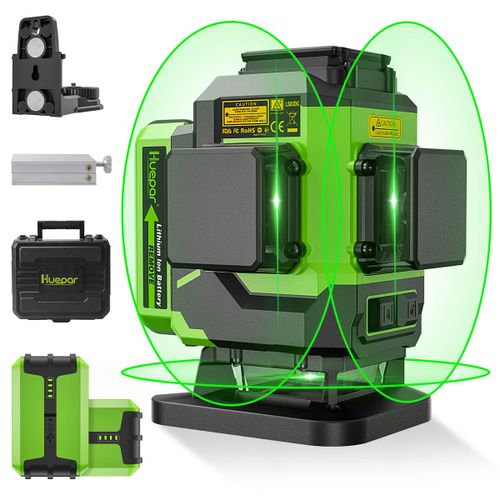 Huepar 3x360 Niveau Laser Ligne Croisée 3D Faisceau Vert Outil Laser Sol Auto-Nivellement Pour Carrelage Port de Charge Type C&Support Aimant Mallette de Transport-LS03DG