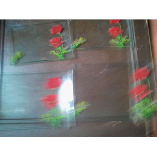 4 Assiettes En Verre '(2 Repas, 2 Dessert) Rectangulaires Motif Coquelicot