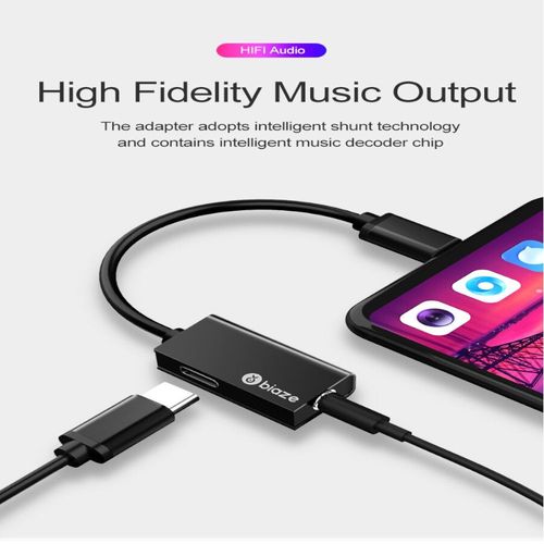 Adaptateur Marque Biaze Type-C Vers Type-C Charge Et Jack Audio De Couleur Noir