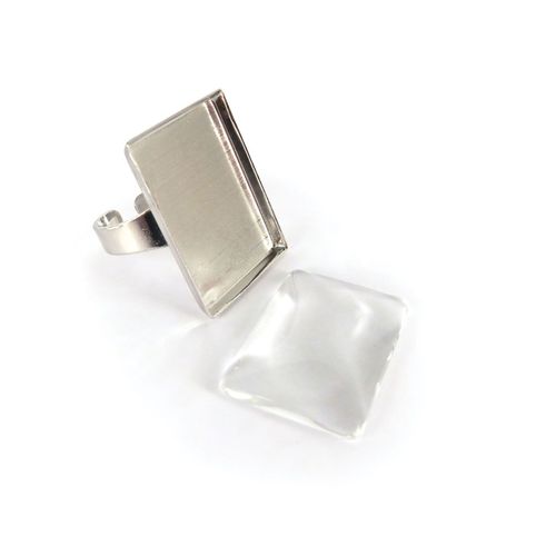 Bague Rectangulaire 26x19mm Coloris Argent + Cabochon