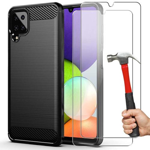 Coque Samsmung A22 4g (6.4'') + 2 Verres Trempes. Coque Silicone Anti Choc Traits Acier Design Tpu Protection Renforcee Noir