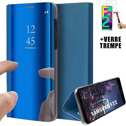 Coque Samsmung F22 (6.4'') +Lot 2 Verres Trempes. Coque Design Tendance Effet Miroir Anti-Choc Protection Renforcee Bleu