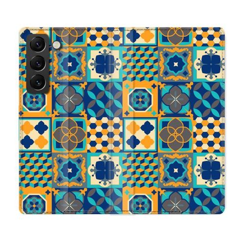 Housse Cuir Portefeuille Pour Samsung Galaxy S22 Plus Texture Carreau Ciment Orange