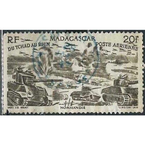 Madagascar, Colonie Française 1946, Beau Timbre De Poste Aérienne Yvert 69, Du Tchad Au Rhin, Bataille De Normandie, Oblitéré, Tbe -