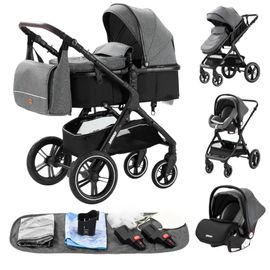 Poussette 3 En 1 Bébé Combinée Siège-Auto Nacelle Trio Réversible Réglable Haute Qualité Roues Increvables Canne.Gris