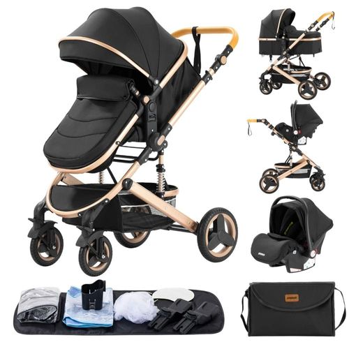 Poussette 3 En 1 Bébé Combinée Siège-Auto Nacelle Trio Réversible Réglable Haute Qualité Roues Increvables - Noir