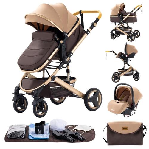 Poussette 3 En 1 Bébé Combinée Siège-Auto Nacelle Trio Réversible Réglable Haute Qualité Roues Increvables Canne - Marron