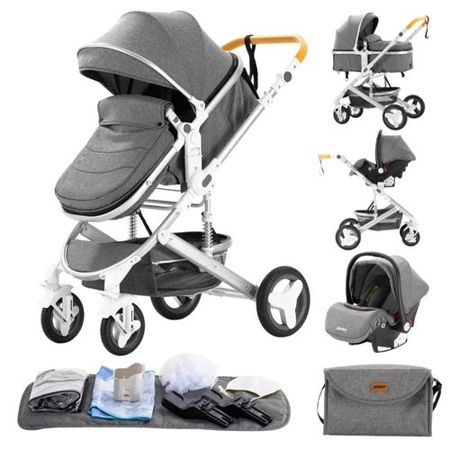 Poussette 3 En 1 Bébé Combinée Siège-Auto Nacelle Trio Réversible Réglable Haute Qualité Roues Increvables Canne - Gris