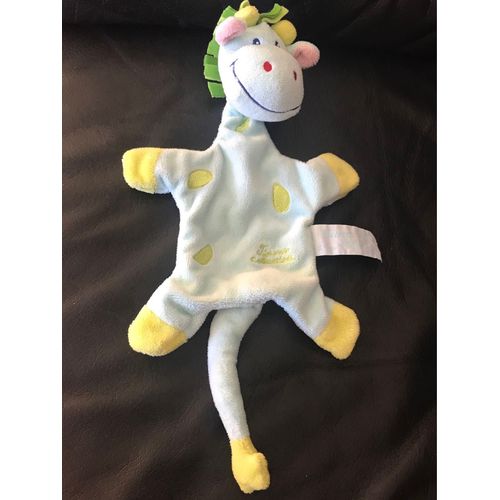 Doudou Plat Girafe Verte Et Bleu Tiamo 22cm 